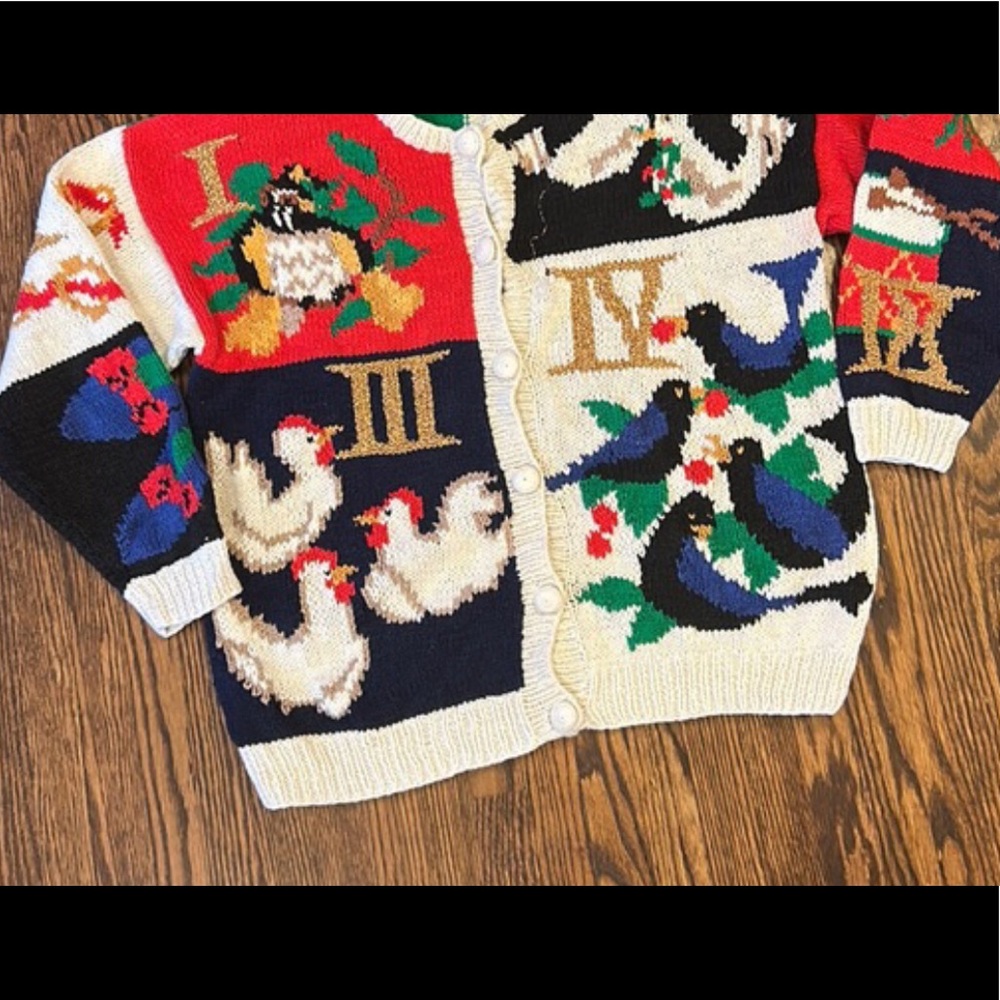 Ugly Holiday Sweater Twelve Days of Christmas Gold Multicolor Large Cardigan